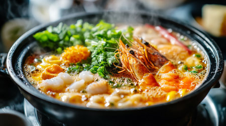 Close-up of a bubbling hot pot with colorful ingredients, including seafood and leafy greens, highlighting the vibrant and appetizing appearance of the dish.の素材