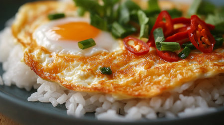 Close-up of a classic Thai omelette served on white rice, with a drizzle of fish sauce and chili on the side, highlighting the texture and fluffiness of the egg.の素材