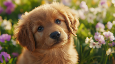 Close-up of a fluffy puppy with a tiny nose and bright eyes, sitting in a field of flowers, enhancing its cuteness and natural beauty.の素材
