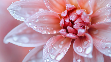 Close-up of a delicate flower with glistening water droplets on its petals, capturing the intricate details and fresh, dewy appearance.の素材