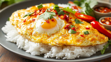 Close-up of a classic Thai omelette served on white rice, with a drizzle of fish sauce and chili on the side, highlighting the texture and fluffiness of the egg.の素材