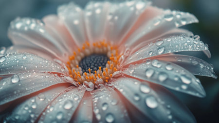 Close-up of a delicate flower with tiny water droplets scattered across its petals, capturing the freshness and detail of the natural scene.の素材
