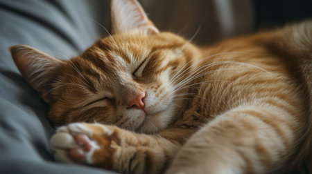 Close-up of a chubby cat peacefully sleeping, curled up with its paws tucked under, its soft fur and round belly rising gently with each breath.の素材