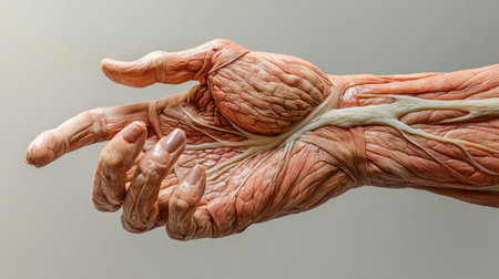 Close-up of a human hand with detailed skin textures and visible veins, set against a neutral background to highlight its anatomical features.の素材