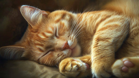 Close-up of a chubby cat peacefully sleeping, curled up with its paws tucked under, its soft fur and round belly rising gently with each breath.の素材