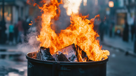 Close-up of a fire burning in a trash bin, with flames and smoke clearly visible, illustrating a smaller but still dangerous fire hazard.の素材