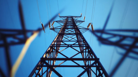 Close-up of a high-voltage electricity transmission tower against a clear blue sky, showcasing the intricate metal lattice and power lines.の素材