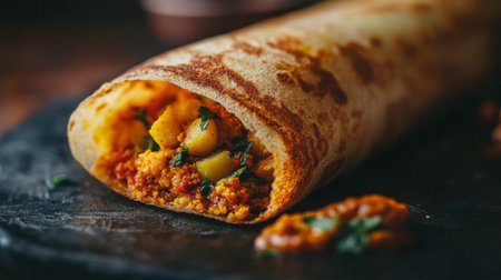 Close-up of a delicious Indian dosa filled with spicy potato filling, served with coconut chutney and sambar, highlighting the crispy texture of the dosa.の素材