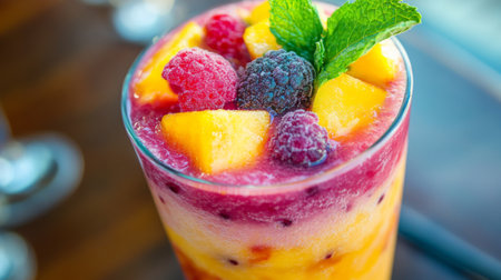 Close-up of a colorful fruit smoothie in a glass with a garnish of fresh mint leaves, showcasing vibrant fruit chunks and a refreshing texture.の素材