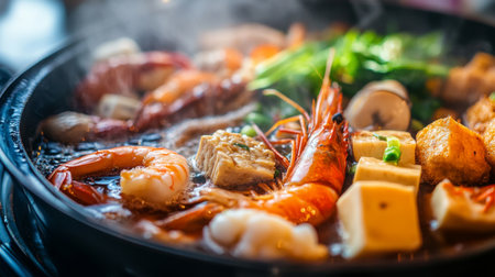 Close-up of a hot pot with an assortment of fresh ingredients, including seafood, vegetables, and tofu, all cooking together in a flavorful broth.の素材