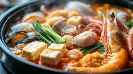 Close-up of a hot pot with an assortment of fresh ingredients, including seafood, vegetables, and tofu, all cooking together in a flavorful broth.の素材