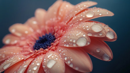 Close-up of a flower with large, prominent water droplets on its petals, creating a dramatic and visually appealing effect against a simple backdrop.の素材