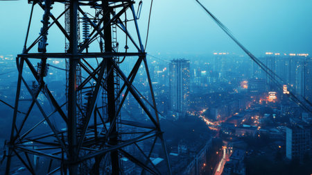 Close-up of a high-voltage power transmission tower in an urban setting, showcasing the tower's metallic structure and the surrounding cityscape.の素材