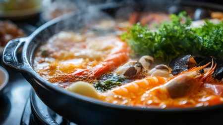 Close-up of a bubbling hot pot with colorful ingredients, including seafood and leafy greens, highlighting the vibrant and appetizing appearance of the dish.の素材