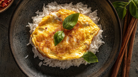 A top-down, close-up view of a classic omelette on rice, the egg crispy edges and soft interior paired with freshly cooked jasmine rice.の素材