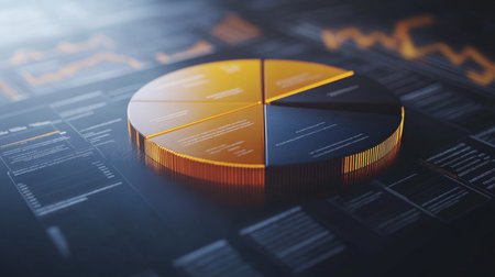 Close-up of a 3D pie chart with a portion pulled out to emphasize a specific segment, showcasing detailed data and a modern, professional look.の素材
