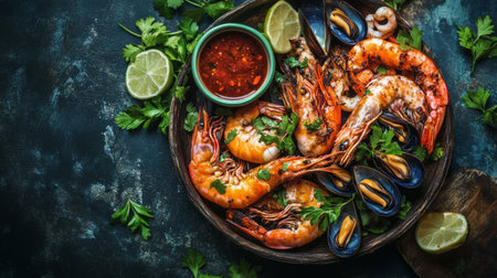 Aerial view of a grilled seafood feast featuring prawns, squid, and mussels, served on a rustic platter with fresh herbs and a side of spicy dipping sauceの素材