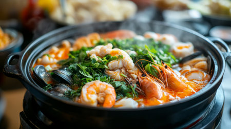 Close-up of a bubbling hot pot with colorful ingredients, including seafood and leafy greens, highlighting the vibrant and appetizing appearance of the dish.の素材