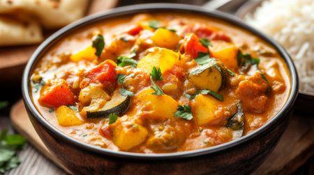 Close-up of a bowl of Indian vegetable korma with a variety of colorful vegetables and a creamy, spiced sauce, served with a side of rice.の素材