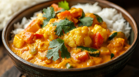 Close-up of a bowl of Indian vegetable korma with a variety of colorful vegetables and a creamy, spiced sauce, served with a side of rice.の素材