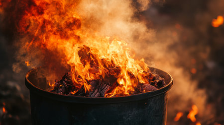 Close-up of a fire burning in a trash bin, with flames and smoke clearly visible, illustrating a smaller but still dangerous fire hazard.の素材