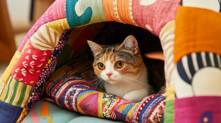 Close-up of a fabric-covered cat house with a fun, playful design, featuring colorful patterns and a soft, inviting cushion inside.の素材