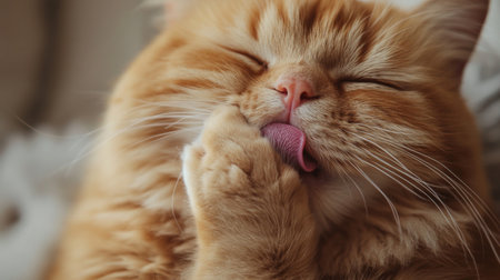 A chubby orange cat licking its paw up close, showcasing the grooming habits and fluffy nature of domestic cats.の素材