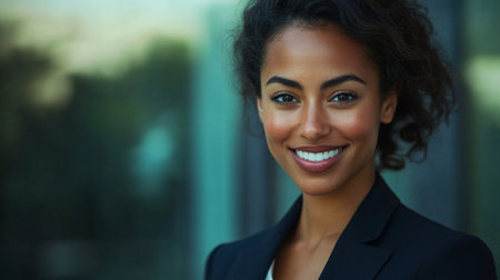 Close-up of a confident businesswoman smiling directly at the camera, dressed in a professional suit, showcasing her determination and poise.の素材
