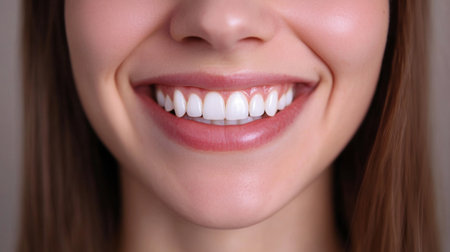 Close-up of a person smiling with bright, white teeth, showcasing the perfect alignment and radiance of their smile against a neutral background.の素材