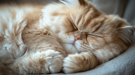 Close-up of a round, fluffy cat napping with its paws tucked under its chin, eyes closed peacefully, capturing the essence of relaxation.の素材