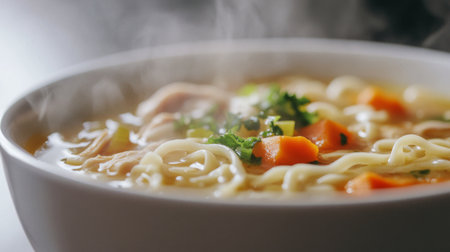 Close-up of a steaming bowl of hot chicken noodle soup, with visible noodles and vegetables, against a white background, emphasizing its comforting appeal.の素材