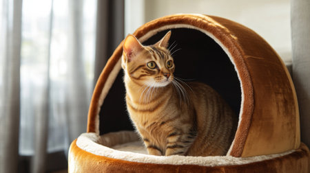 Close-up of a luxurious cat house with plush velvet lining and a stylish, elegant design, offering a high-end sanctuary for a pampered cat.の素材