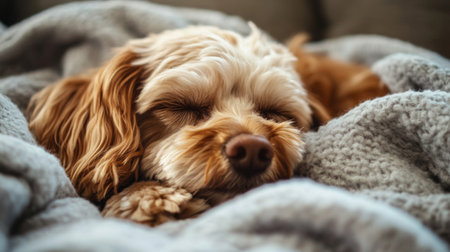 Close-up of a sleepy dog with a soft, furry coat, resting comfortably in a blanket, showcasing its peaceful and endearing nature.の素材