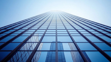 Close-up of a modern skyscraper with reflective glass windows, showcasing its sleek design and towering height against a clear blue sky.の素材