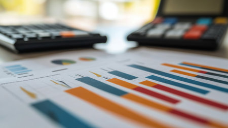 Close-up of a printed financial graph with colorful bar charts and line indicators, displayed on a desk alongside financial documents and a calculator.の素材