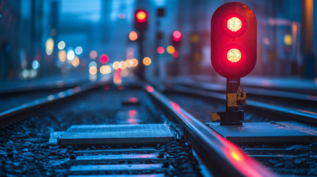 Close-up of a railway crossing with warning signals, showcasing the tracks, crossing gates, and safety lights in a busy urban setting.の素材
