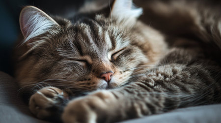 Close-up of a round, fluffy cat napping with its paws tucked under its chin, eyes closed peacefully, capturing the essence of relaxation.の素材