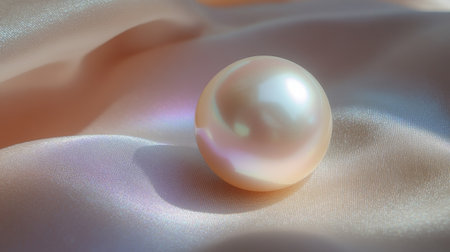 Close-up of a single, perfectly round pearl resting on a soft velvet surface, its iridescent glow reflecting the light in delicate shades.の素材