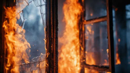 Close-up of a residential fire with flames and smoke visible through broken windows, illustrating the damage and urgency of the situation.の素材