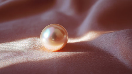Close-up of a single, perfectly round pearl resting on a soft velvet surface, its iridescent glow reflecting the light in delicate shades.の素材