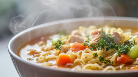 Close-up of a steaming bowl of hot chicken noodle soup, with visible noodles and vegetables, against a white background, emphasizing its comforting appeal.の素材