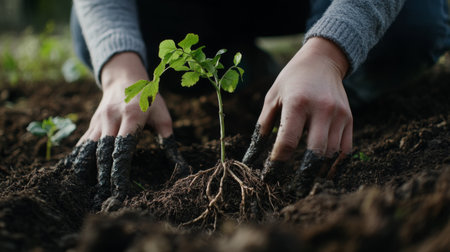 Close-up of a person planting a young tree in the soil, with their hands working the earth and a focus on the roots and fresh foliage.の素材