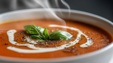 Close-up of a steaming bowl of hot tomato soup with a swirl of cream and basil leaves, against a white background, highlighting its vibrant color and warmth.の素材