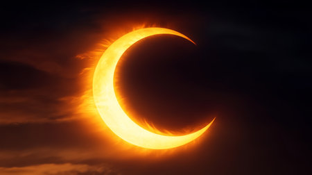 Close-up of a solar eclipse with the moon partially covering the sun, creating a crescent shape and casting a subtle glow around the edges.の素材