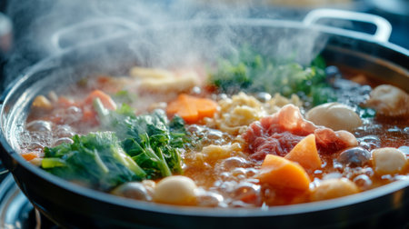 Close-up of a steaming hot pot with various fresh ingredients, including vegetables and meat, showcasing the bubbling broth and inviting aroma.の素材