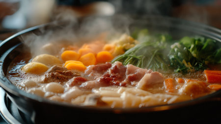 Close-up of a steaming hot pot with various fresh ingredients, including vegetables and meat, showcasing the bubbling broth and inviting aroma.の素材