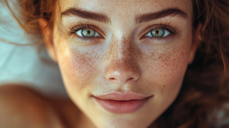 Close-up of a woman with expressive eyes and a gentle smile, emphasizing her well-defined features and natural beauty in a soft, flattering light.の素材