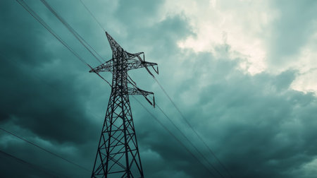 Close-up of a tall transmission tower with power lines, set against a dramatic cloudy sky, showcasing the tower's structure and the power it transmits.の素材