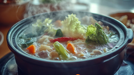Close-up of a steaming hot pot with various fresh ingredients, including vegetables and meat, showcasing the bubbling broth and inviting aroma.の素材