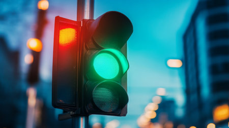 Close-up of a traffic signal with the green light on, set against a blue sky and a busy intersection, capturing the clarity and function of the light.の素材